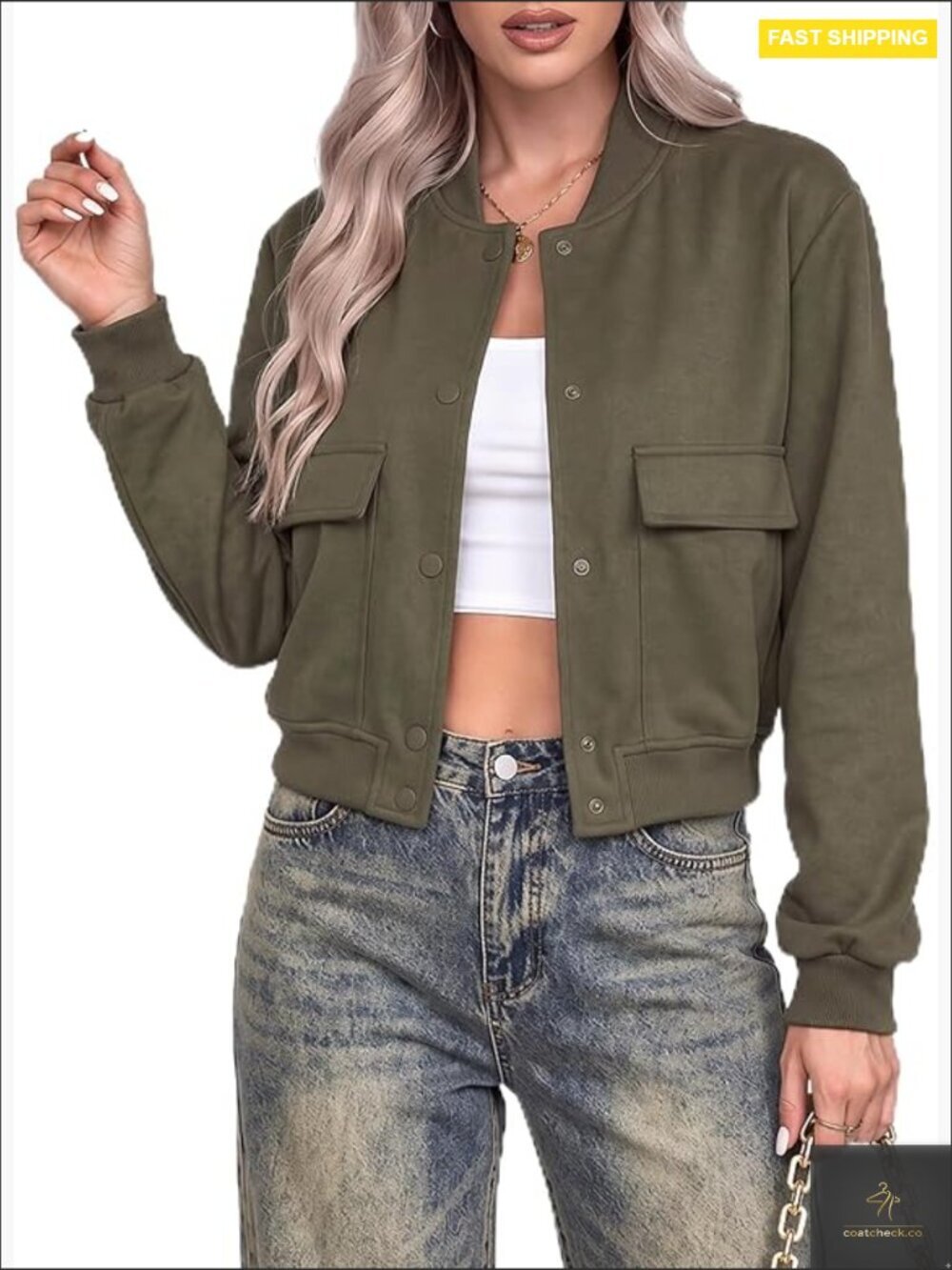 Women Bomber Jacket Button Down Varsity Casual Lightweight with Pockets